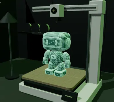 Render e ilustración del diseño 3D de una maceta decorativa con forma de robot futurista en la cama de una impresora 3D.